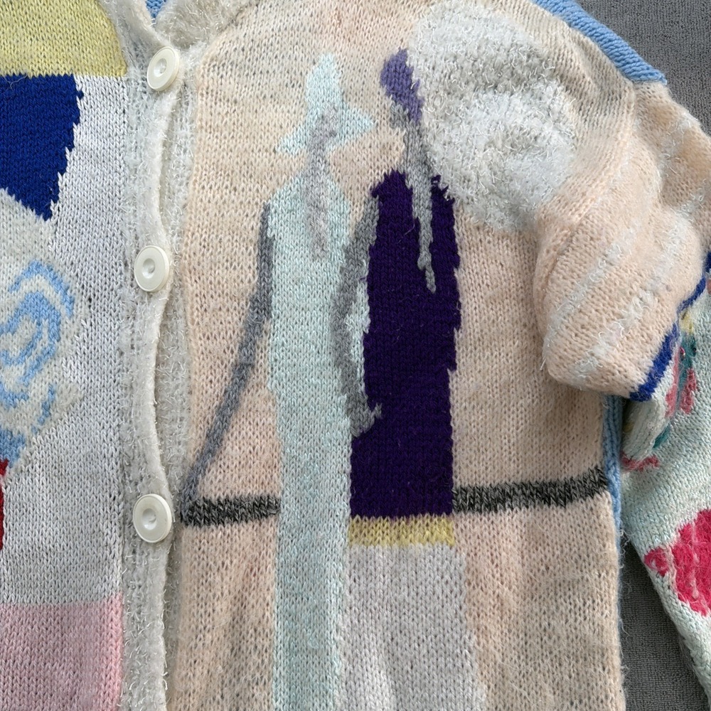Vintage 80s Hand Knit Intarsia Duster Cardigan Paris Art Sweater Oversized - Picture 6 of 11